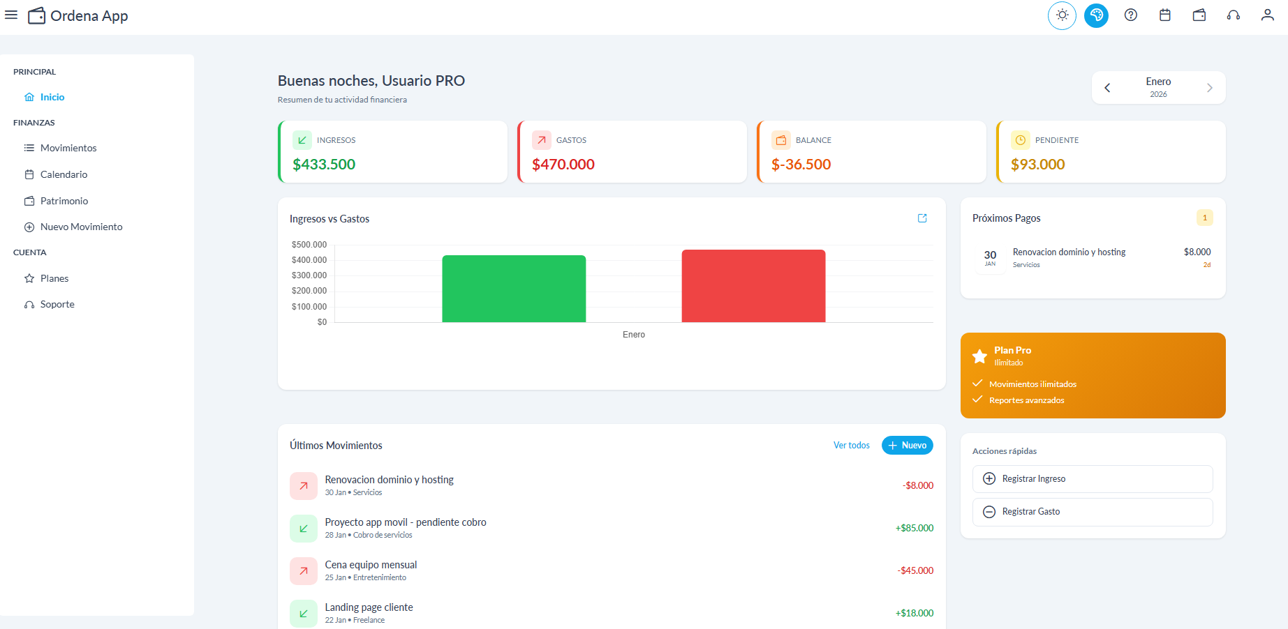 Dashboard principal de OrdenApp mostrando control de gastos e ingresos